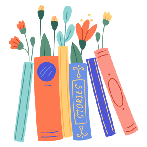 Drawing of books topped with flowers.